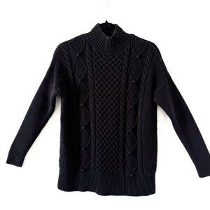 J. Crew Swingy Chunky Cable Knit Sweater Pom Pom Mock Neck Cotton Black XS